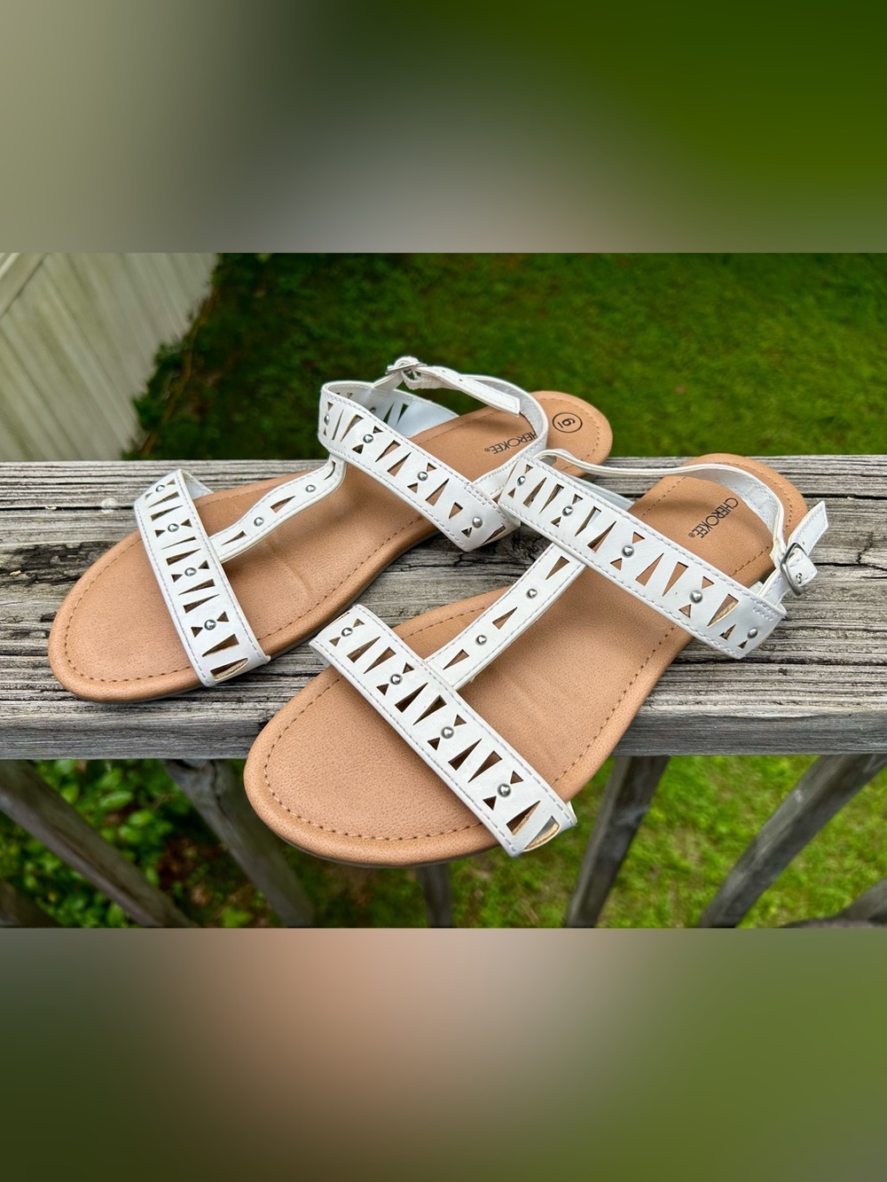 Cherokee White Laser-Cut T-Strap Sandals